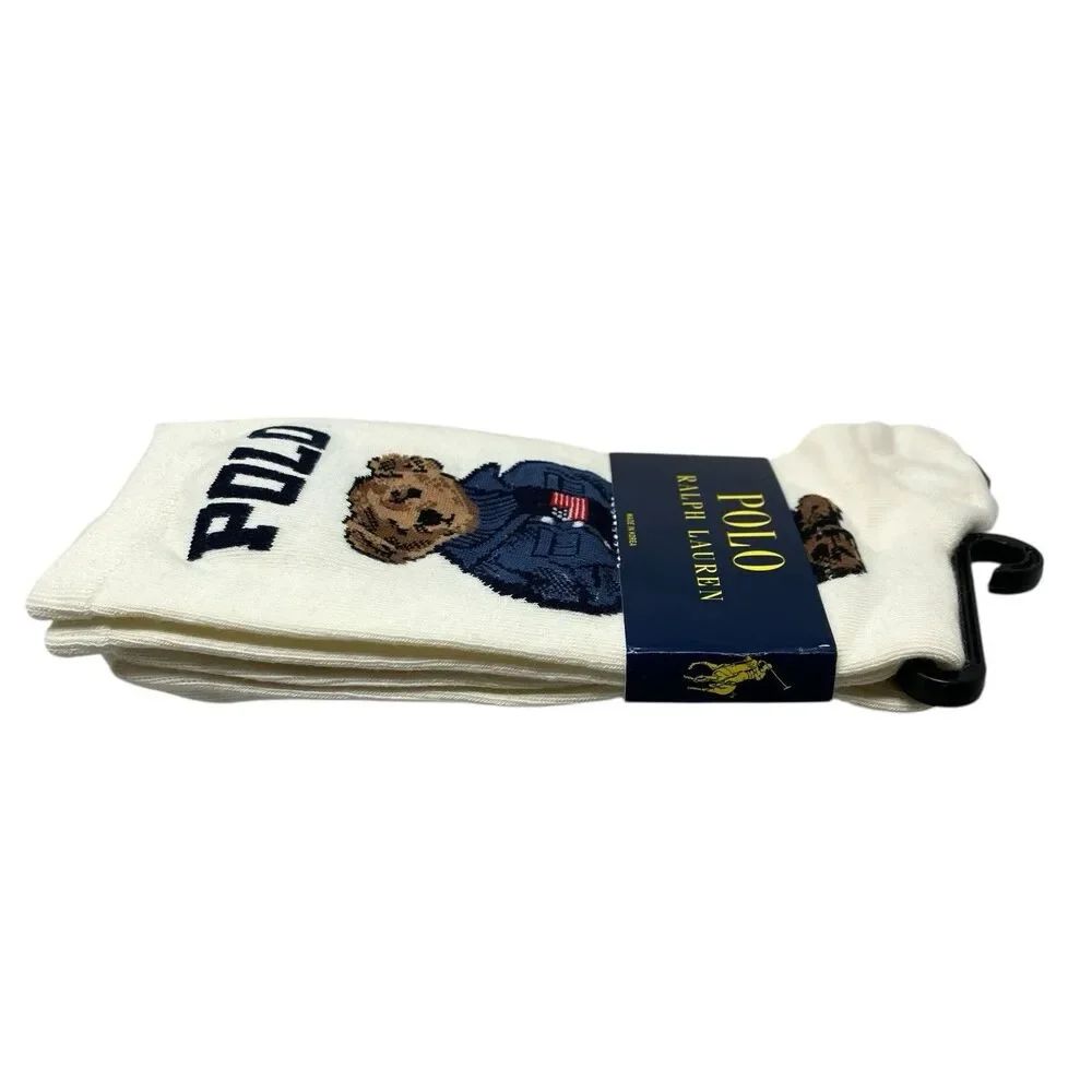Polo Ralph Lauren Womens Ivory Polo Bear Flag Sweater Crew Socks Preppy